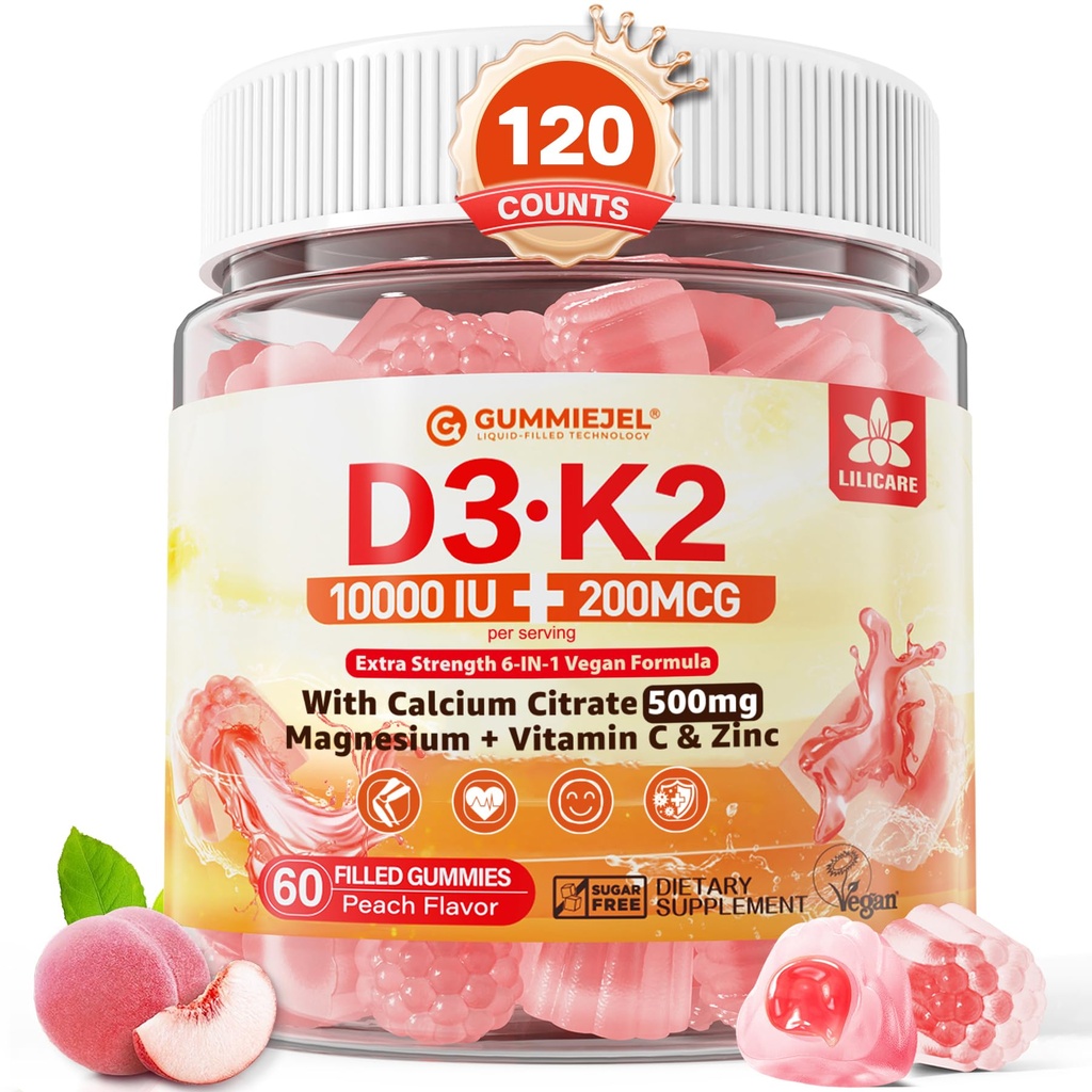 Vitamin D3 K2 Fyldt Gummies 5000IE / 10. 000 IE med 500 mg Calcium + K2 (MK- 7) 200mcg, Magnesium, Vitamin C & Zink, Ekstra Styrke - Ultimate Absorbency for Bones Muskler Tænder, Vegan -- pakke med 2