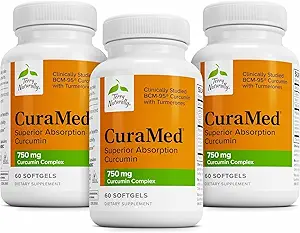 Terry Naturally CuraMed 750mg - Antioxidant Supplement for Brain & Heart Health - Supplement with High-Potency Curcumin Complex - Kidney, Liver & Immune Health Support - 60 Softgels (Pack of 3)