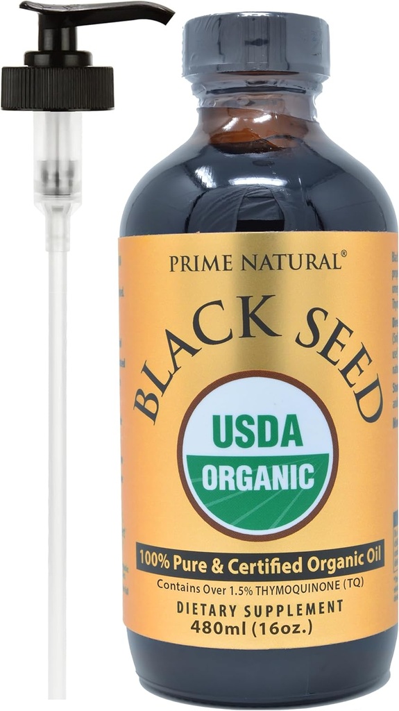 PRIME NATURAL Organic Black Seed Oil 16oz - Cold Pressed Unrefined High Thymoquinone 1.7% USDA Certified - Turkish Origin Potent Nigella Sativa Liquid - Vegan Omega 3 6 9, Antioxidant