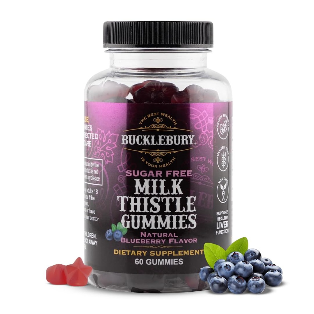 Bucklebury Sugar- Free Milk Thistle Gummies 1000mg med Natural Blueberry Flavor - Vegan, Gluten- Free, Non- GMO Natural Milk Thistle Supplement til leversundhed, Immunitet & antioxidant Support -60 Greve