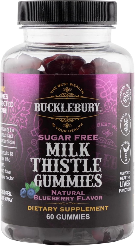 Bucklebury Sugar- Free Milk Thistle Gummies 1000mg med Natural Blueberry Flavor - Vegan, Gluten- Free, Non- GMO Natural Milk Thistle Supplement til leversundhed, Immunitet & antioxidant Support -60 Greve