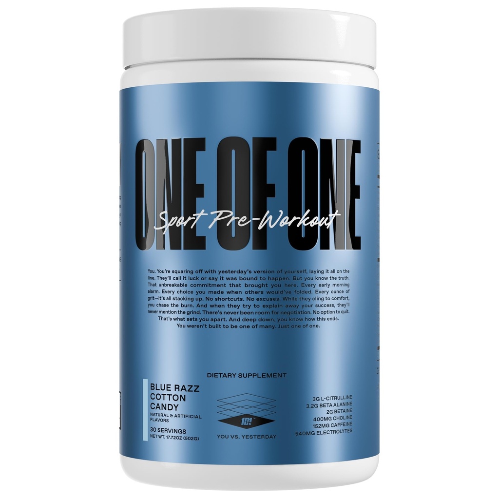 ONE of ONE Sport Pre-Workout – Clean Energy & Focus with NeuroRush™, Gluten Free, No Crash, Boosts Endurance & Strength – Blue Razz Cotton Candy, 30 Servings