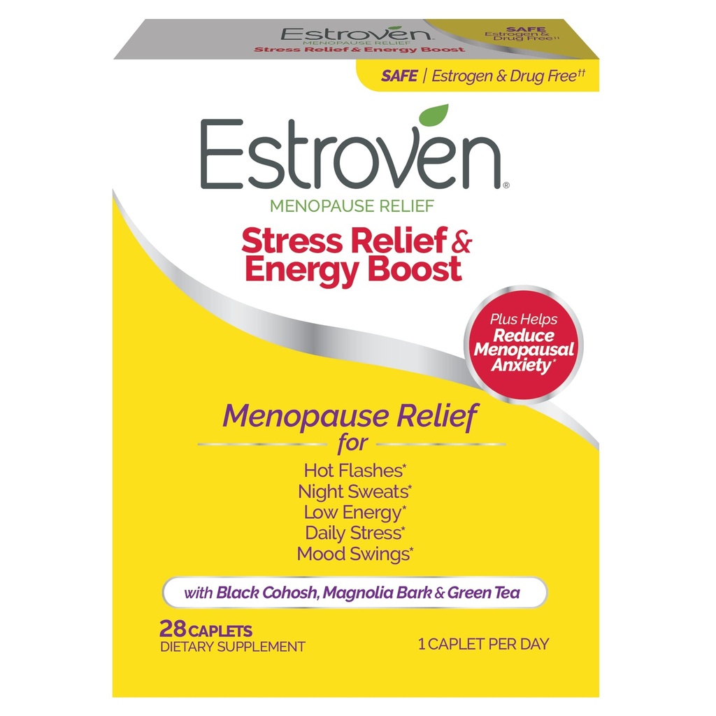 Estroven Stress Relief & Energy Boost for Menopause Relief - 28 Ct. - Klinisk Proven Ingredienser Give Stress & Energy Support + Night Sweats & Hot Flash Relief - Drug- Free and Gluten- Free