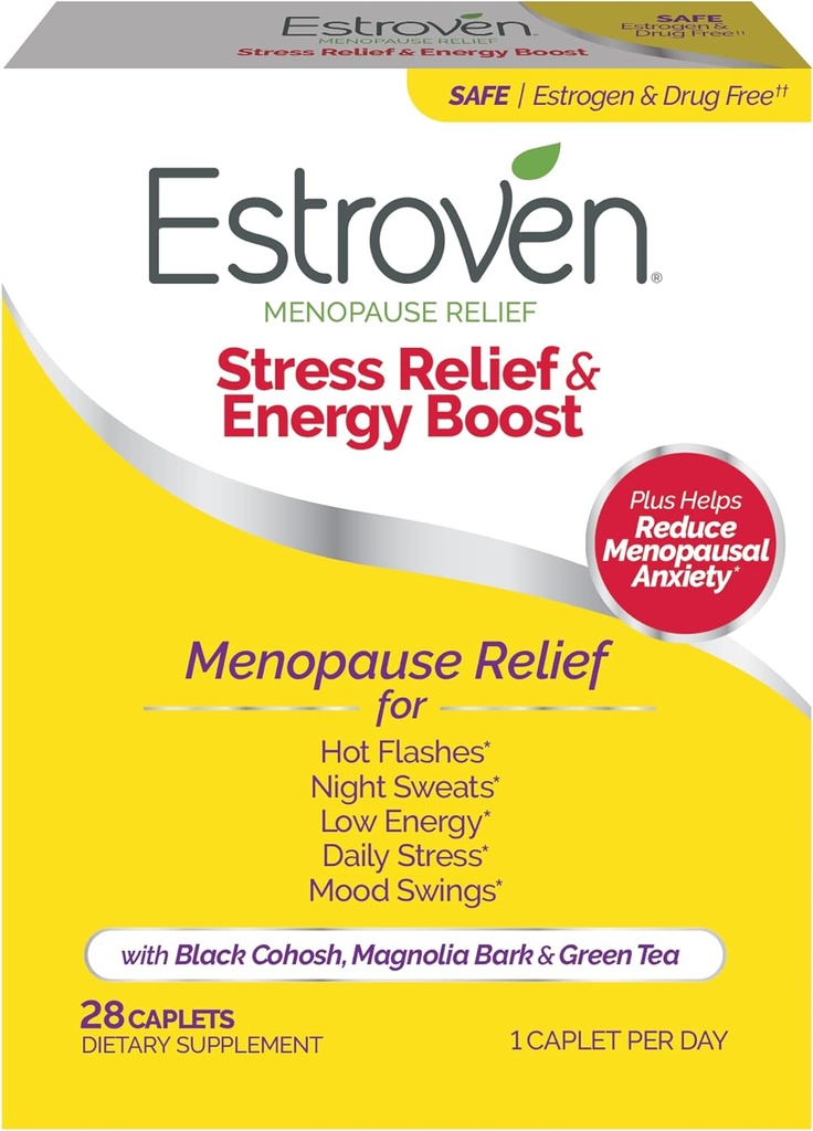 Estroven Stress Relief & Energy Boost for Menopause Relief - 28 Ct. - Klinisk Proven Ingredienser Give Stress & Energy Support + Night Sweats & Hot Flash Relief - Drug- Free and Gluten- Free