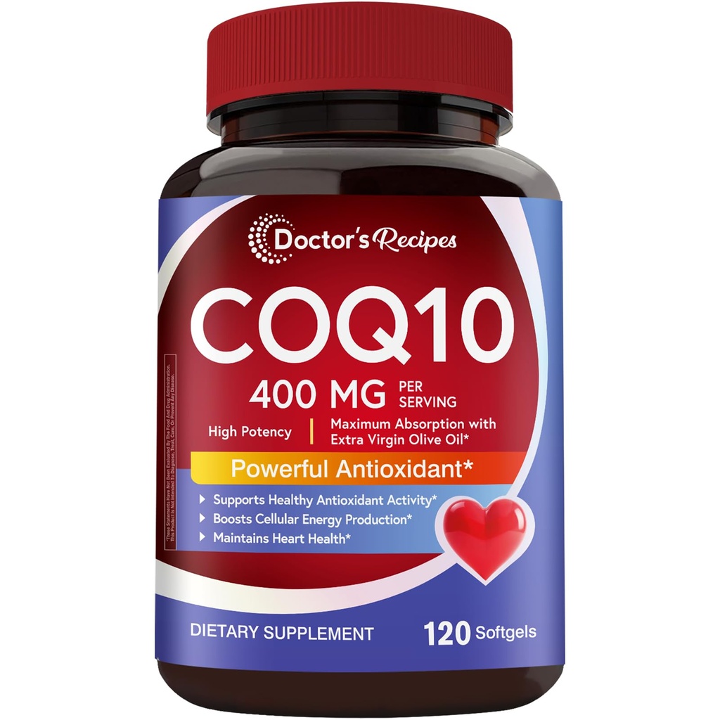 Doctor's Recipes CoQ10 400 mg High Potency, Stable Form Ubiquinone, Superior Absorption with Extra Virgin Olive Oil, Antioxidant for Heart & Energy, Naturally Fermented, Gluten-Free, 120 Softgels