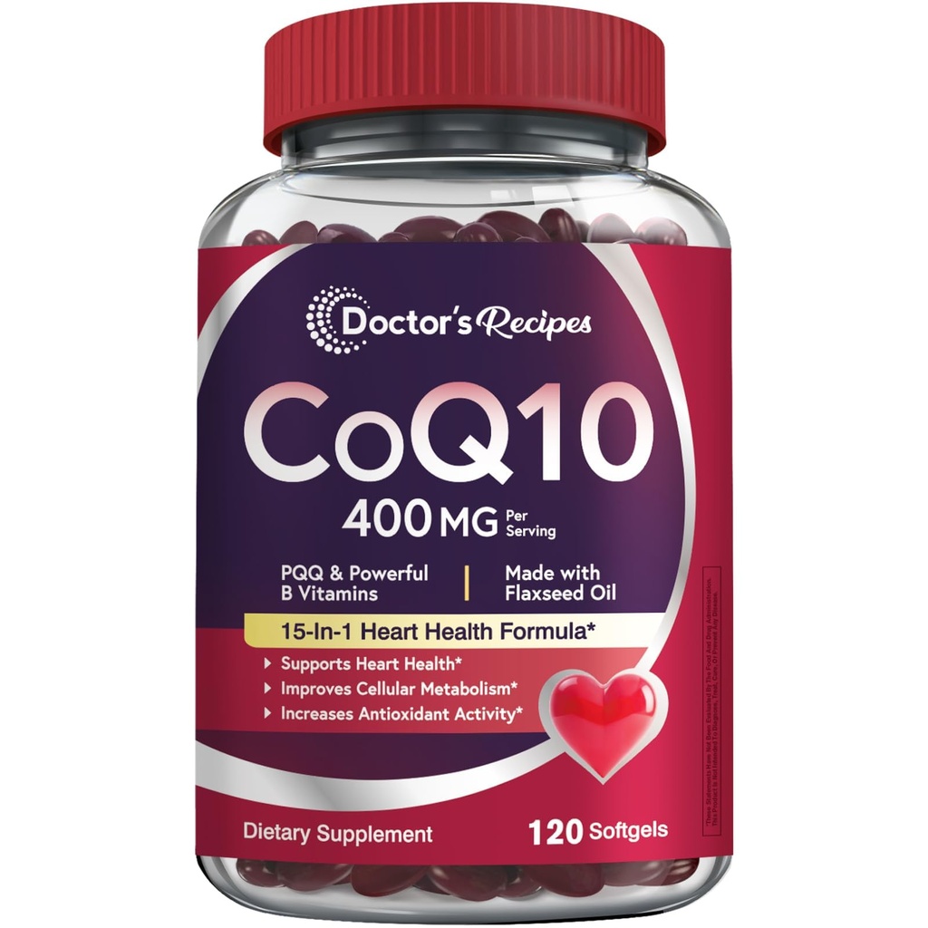 Doctor's Recipes Coq10 400mg Softgels, Ubiquinone with PQQ, Niacin, Vitamin K2 D3, Folate, Plus Black Pepper, High Absorption, Powerful-Antioxidant, Support Heart & Energy-Production, 120 Counts