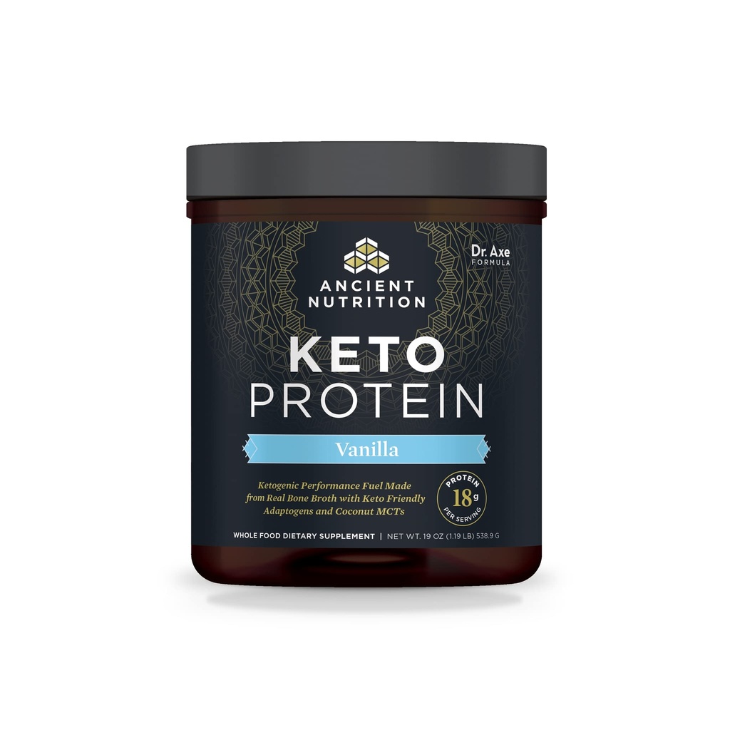 Ancient Nutrition Keto Protein Powder, KetoPROTEIN with Fats from Bone Broth and MCT Oil, Vanilla, 18g Protein 11g Fat Per Serving, Gluten Free, 17 Servings