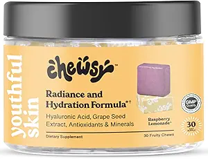Chewsy Yellow Skin, Fruity Chews Vitamin, Radians & Hydration Formel, Hyaluronsyre, Grape Seed Extract, Antioxidants & Minerals, Vitamin Hindbær Lemonade Flavor 30-Day Supply