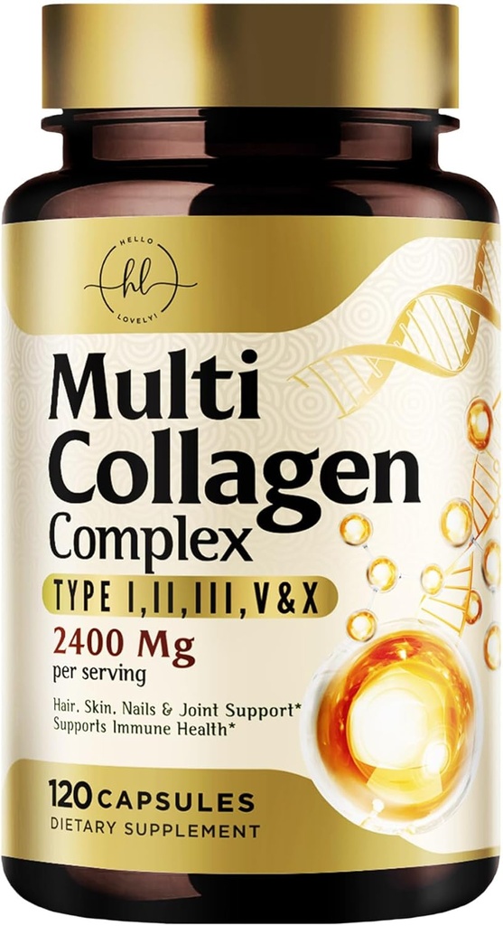 Multi Collagen Peptider 2400mg til kvinder - bedste hydrolyseret Collagen kompleks med 5 typer (I, II, III, V, X) - Græs Fed - hår, hud, negl, ben & fælles støtte til skønhed og velvære - 120 kapsler