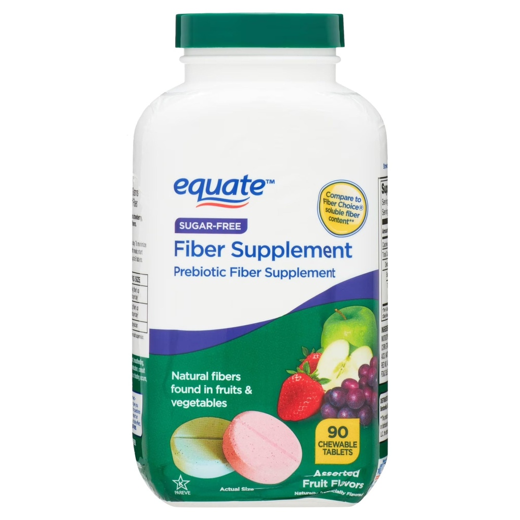 Daily Fiber Supplement Chewable Tablets – 90 Count, Sugar-Free Chews for Women and Men, High Fiber Content, Assorted Fruit Flavors, Chewable Tablets for Adults. (Pack of 1)