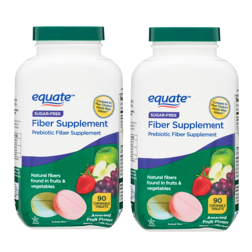 Daily Fiber Supplement Chewable Tablets – 90 Count, Sugar-Free Chews for Women and Men, High Fiber Content, Assorted Fruit Flavors, Chewable Tablets for Adults. (Pack of 2)
