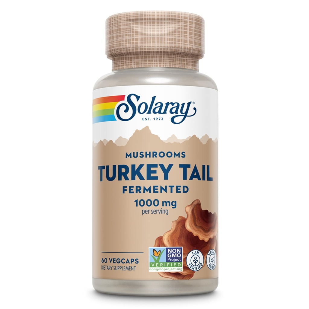 SOLARAY Gæret Tyrkiet Tail Mushroom Supplement 1000mg - Samlet wellness support - Tyrkiet Tail Mushroom kapsler med økologiske svampe - Vegan, Non- GMO, Lab Verified, 60- Day Garanti, 30 Servere