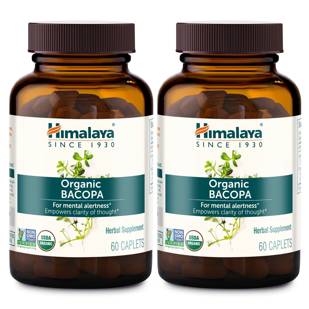 Himalaya Bacopa Monnieri Nootrop Herbal Supplement, Mental Alerness, Understøtter Rolig, Hukommelse, Cognition, USDA Organic, Non- GMO, 750 mg, 60 Plantbaserede Caplets, 2 Pack, 120 Day Supply