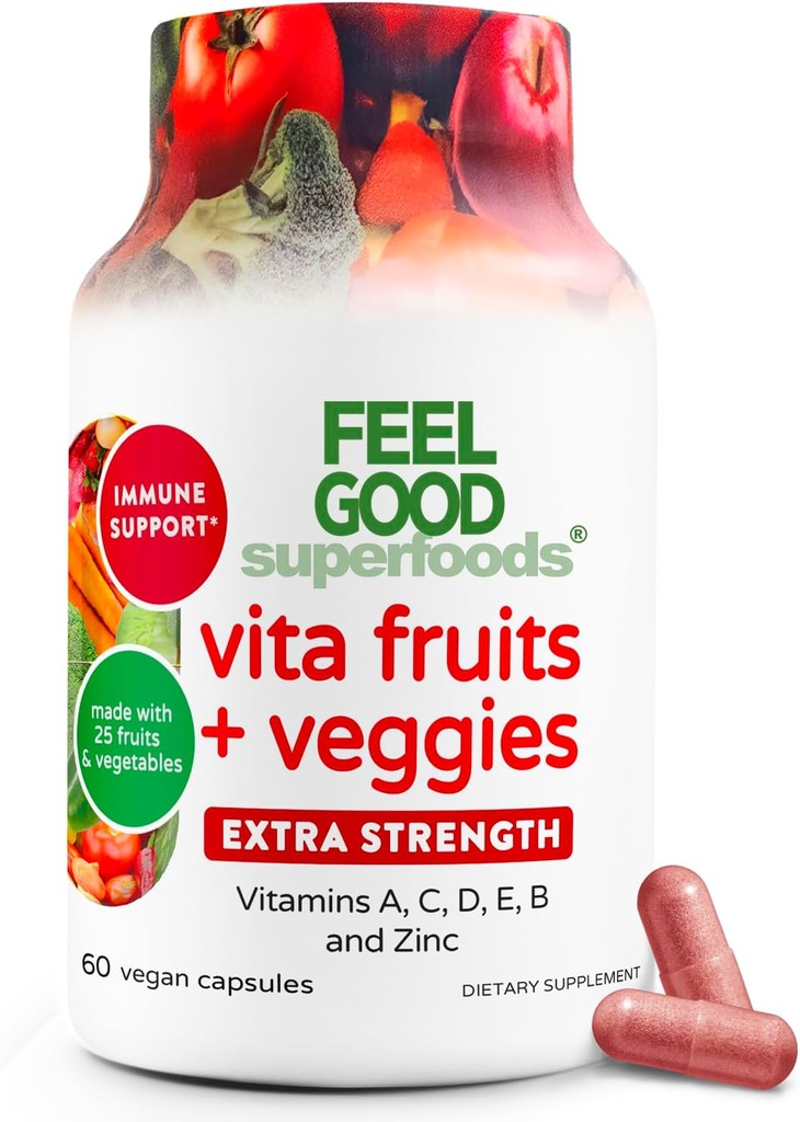 FeelGood Superfoods 1000mg immunsupportkapsler Lavet med 25 økologiske frugter og grøntsager, Stærk Immunitet boostere med vitaminer A, C, D3 og zink, 60 Greve