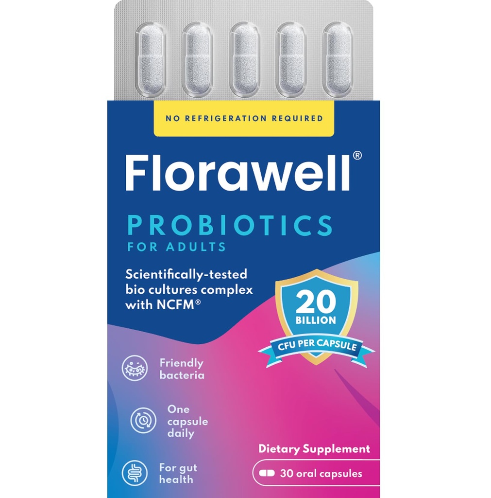 Florawell® Daily Probiotics for Digestive & Gut Health - Includes World's Most Highly Researched Strain Lactobacillus Acidophilus NCFM® - 20 Billion Live Cultures - 30 Oral Capsules