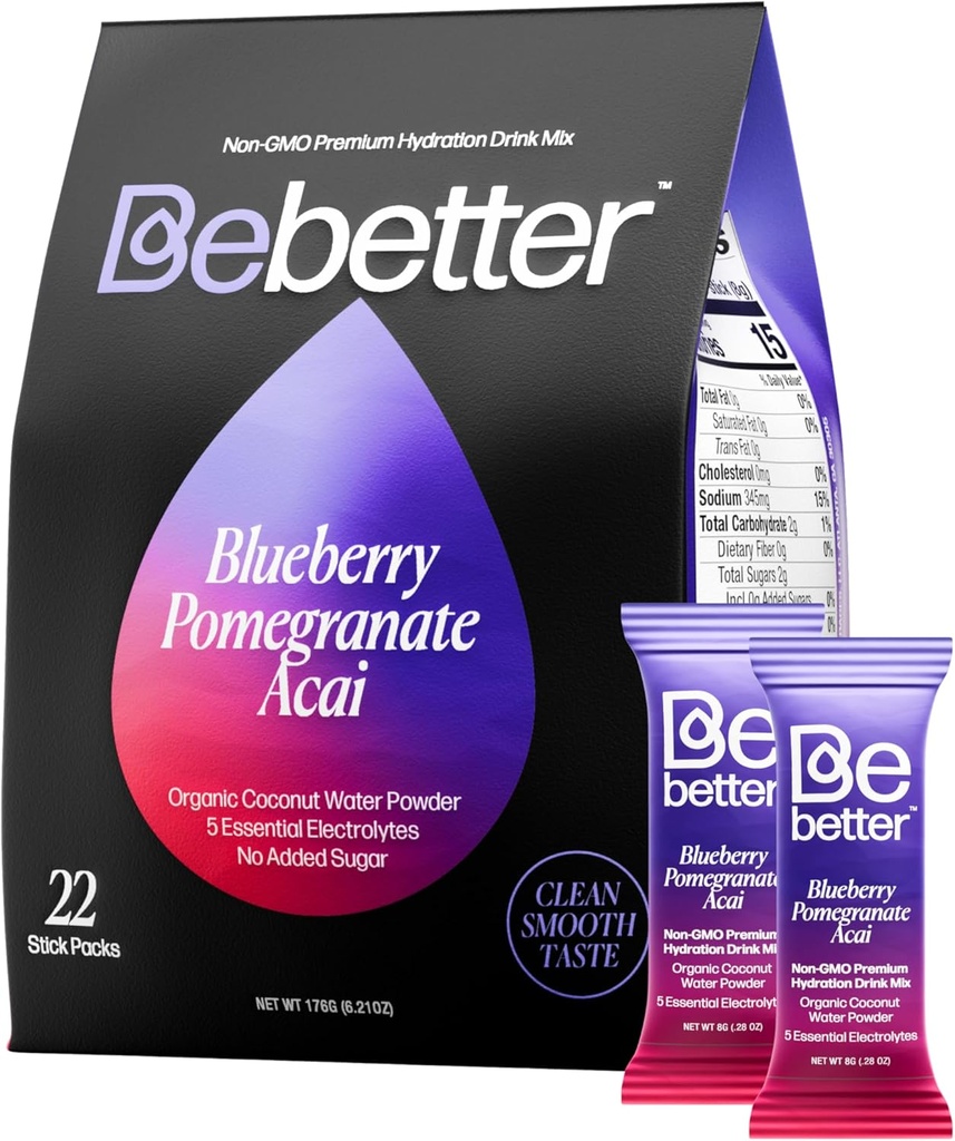 Bebetter Organic Electrolytes Powder Packets Mea124; Electrolyte Drink Mix 124; Organic Coconut Water Measures 124; Ingen kunstige Aromaer Mea124; Sugar Free Hydration Packets Measures 124; Non- GMO Measures 124; 22 sticks (Blåbær, Pomegranat, ACAI)
