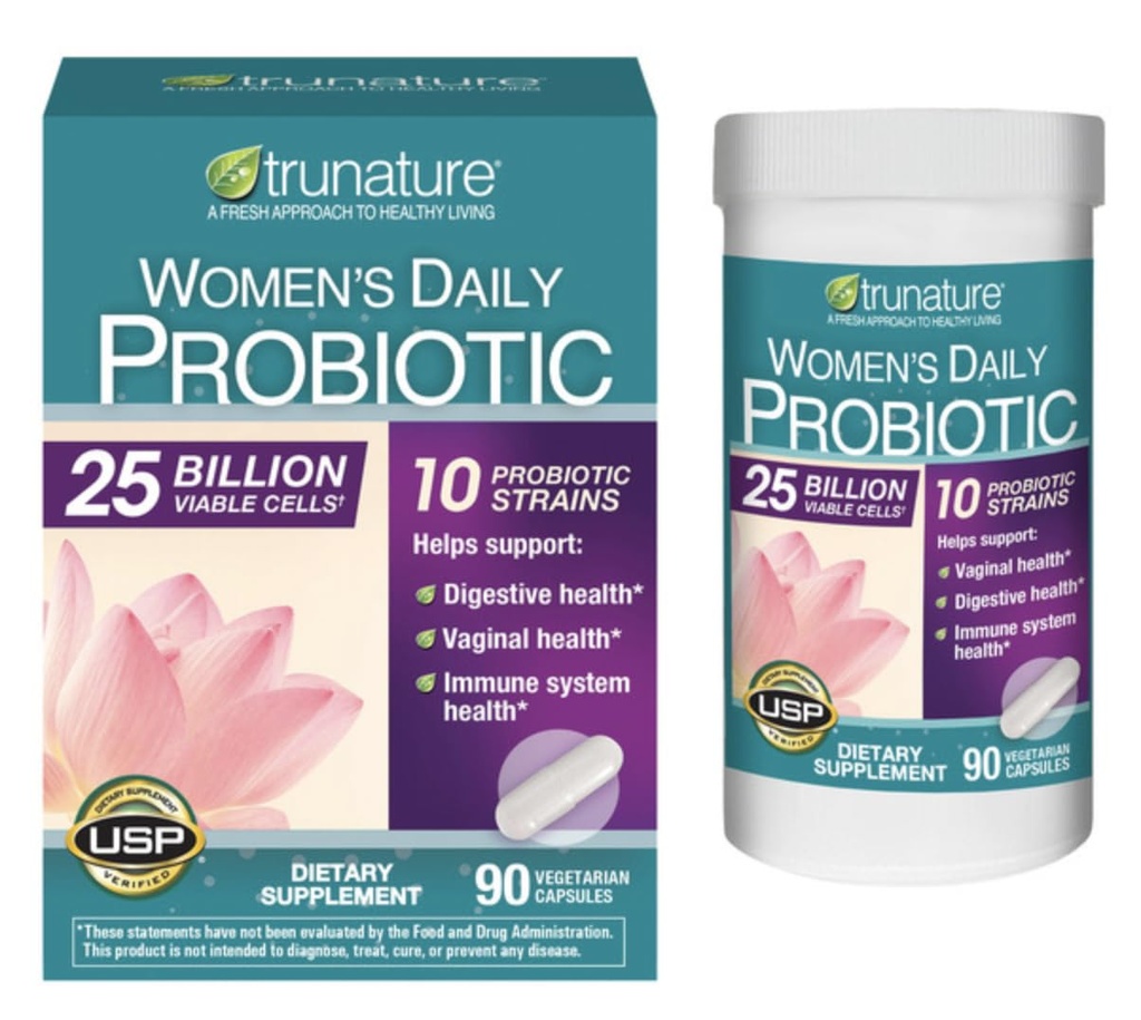 TruesNature Women's Daily Probiotic, 25 Billion Viable Cells, 90 Vegetarian Capsules, 10 Probiotic Strains, Supports Vaginal, Digestive, Immune Health