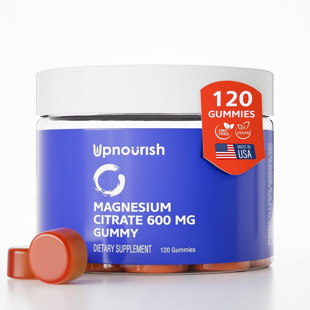 UpNourish Magnesium Gummies for voksne & Børn Magnesium Citrate Gummies 600mg, Calm supplement til muskelafslapning, Knogler og fordøjelsessygdomme, Citrato de Magnesio, Vegan, Non- GMO, 120 Tæl