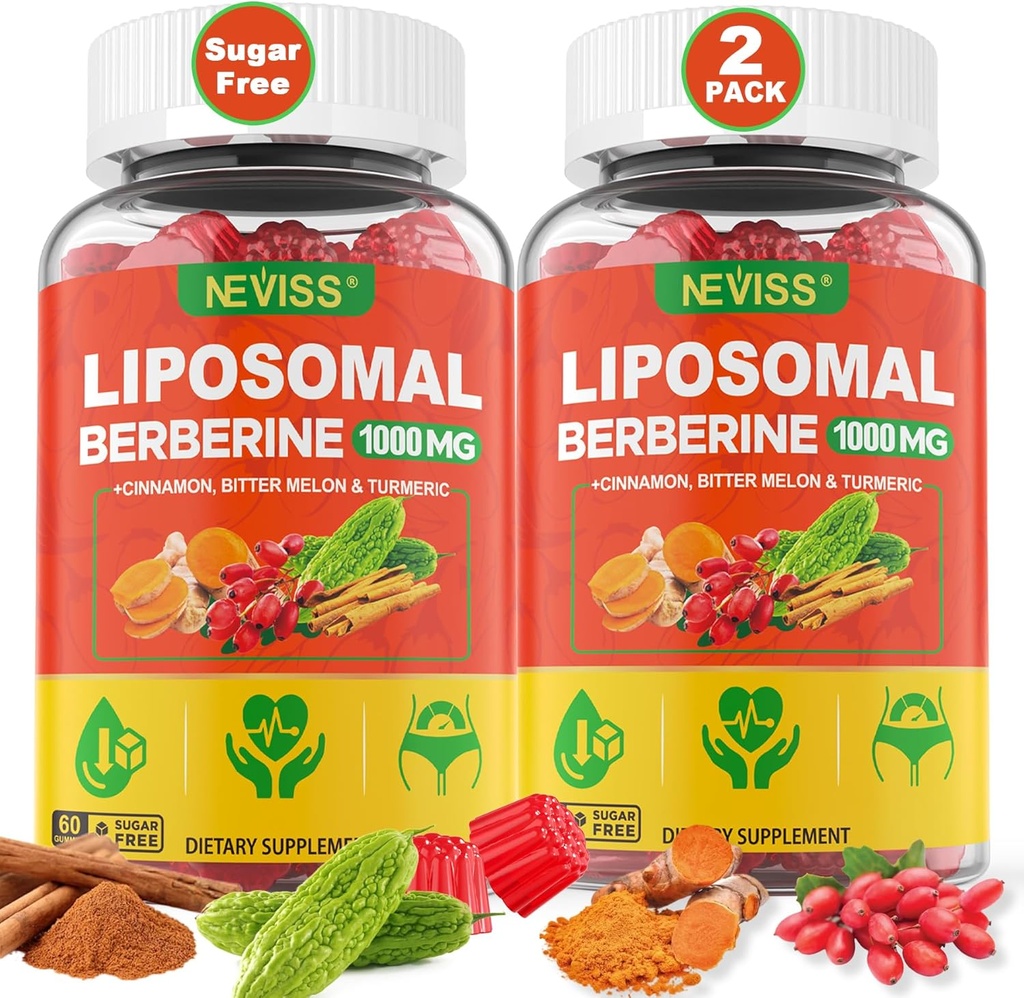 Liposomal Berberine Gummies Organic + Berberine HCL + Gurkemeje, Berberine tillæg med Ceylon kanel, Bitter Melon, Fiber for fordøjelse, Artiskok for lever, Samlet sundhed, Sukker fri