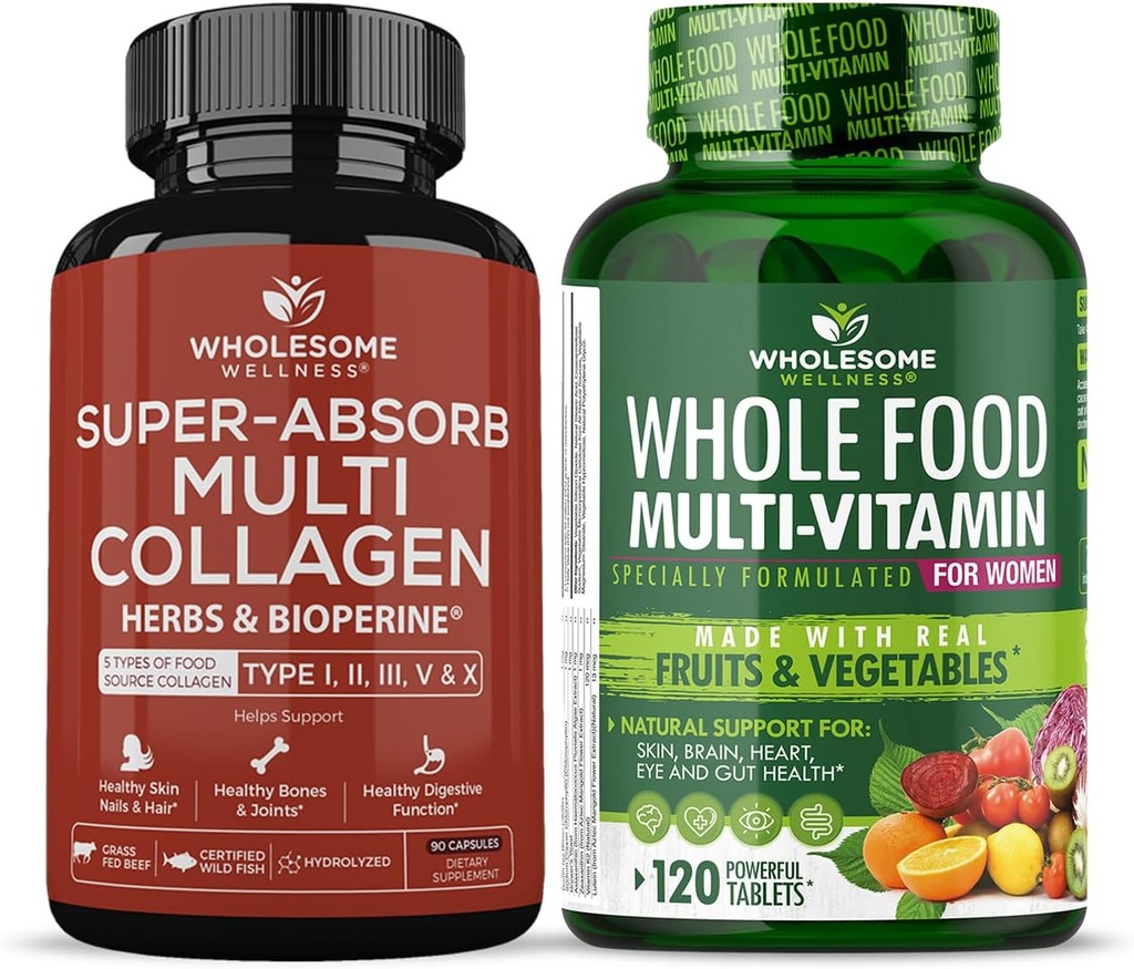 Grossic Wellness Super- Absorb Multi Collagen Pills (type I II III V X) Økologiske urter og bioperine + hel mad Multivitamin til kvinder - naturlige Multi Vitamin, Mineraler, Økologiske Ekstrakter Bundle