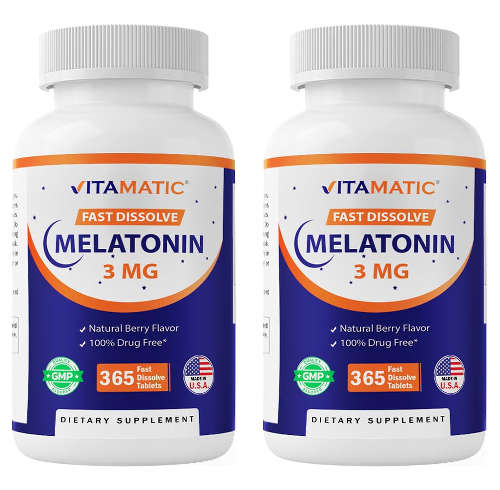 Vitamatic Melatonin 3mg Tablets | Vegetarian, Non-GMO, Gluten Free | 1 Year Supply | Natural Berry Flavor - 365 Tablets- 2 Pack