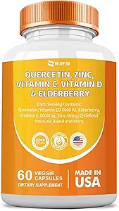 Quercetin 50 mg Zink 1000 mg vitamin C 5000 IE vitamin D3 1000 mg gurkemeje 1000 mg elderbær med Q- Defend immunblend Reisshi Nettle Arteemisinin, non- GMO, mineraltilskud, 60 kapsler