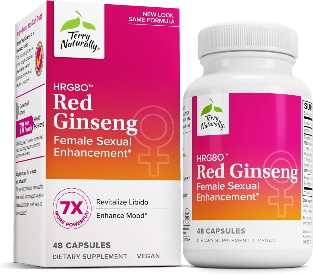 Terry naturligt HRG80 Red Ginseng Kvinde Seksuel Enhancement - Kosttilskud til cirkulation, Endurance & Energy Support - Vitality Support med Ashwagandha, Red Ginseng & Zink - 48 kapsler