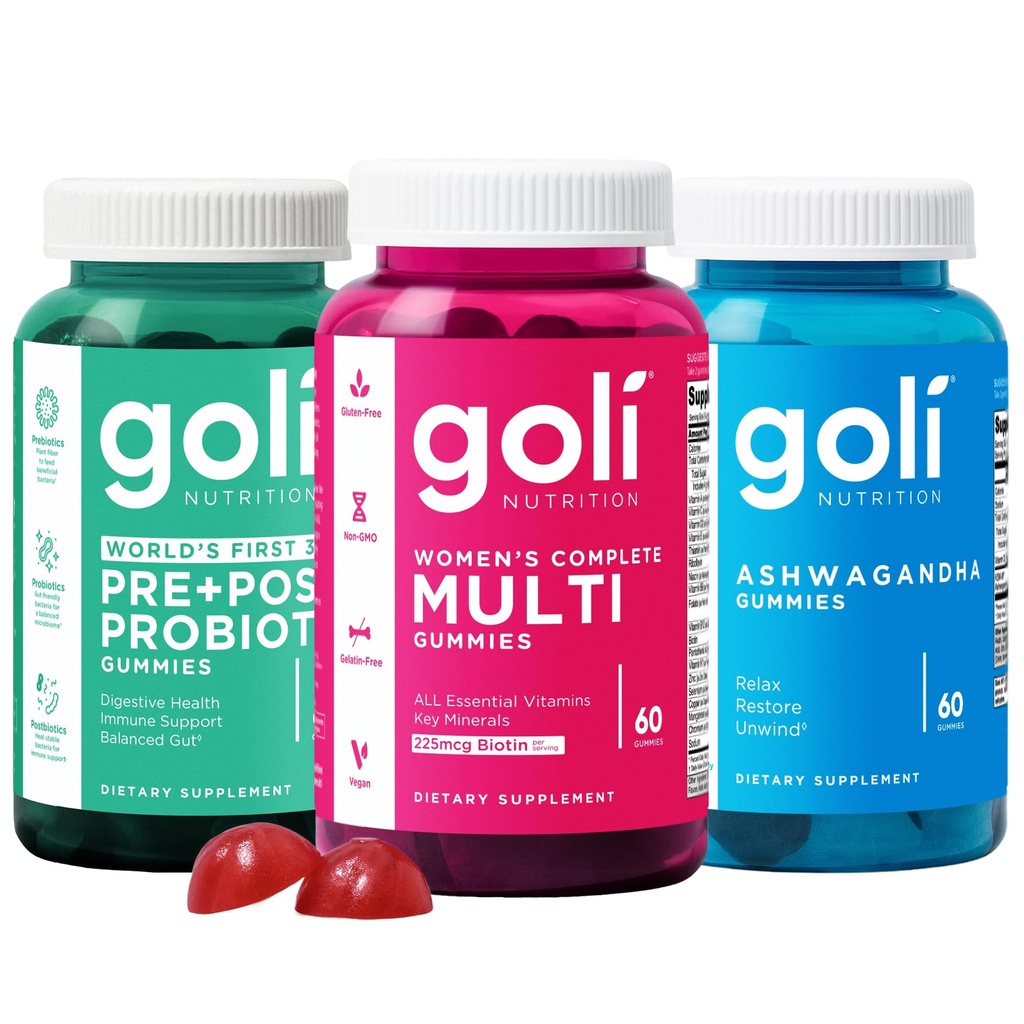 Goli Stress Less, Glow More, Digest Better Bundle - World's First 3-in-1 Pre, Post, Probiotic, Women's Complete Multi All 13 Essential Vitamins, Ashwagandha & Vitamin D Gummies, Vegan