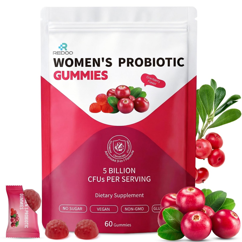 REDOO Women Probiotic Gummies for Vaginal, Urinary & Digestive Health – 5 Billion CFUs 6 Strains + Cranberry Extract & Prebiotic Fiber – Sugar Free, Vegan, Non-GMO – 60 Gummies