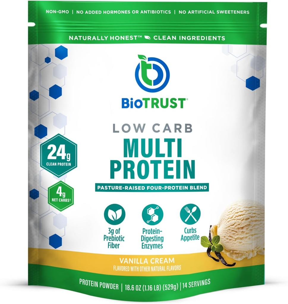 BioTrust Low Carb Protein Powder - Natural and Delicious Whey & Casein Blend fra Grass- Fed Hormone Free Cows - Non GMO, Soy Free, Gluten Free, Hormone Free (Vanilla)