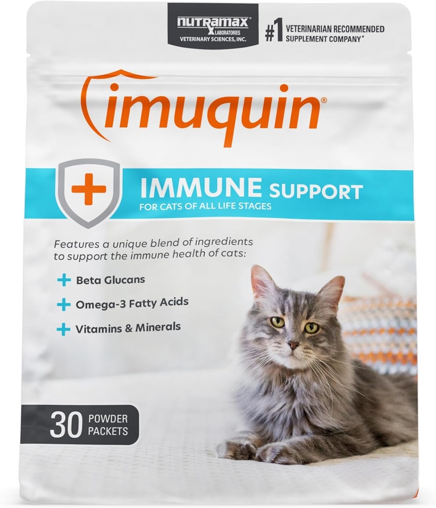 Nutramax Imuquin immunforsvar supplement pulver til katte, med Beta glucans, Marine Lipider, Vitamin og Min, 30 Pakker, Opdateret version
