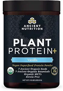 Ancient Nutrition Organic Plant Protein +, Vegan Plant Based Protein Powder, Vanilla, Formuleret af Dr. Josh Axe, Dairy- Free, Gluten- Free, Non- GMO, No Sugar Added, Paleo Friendly Supplement 11.5 oz