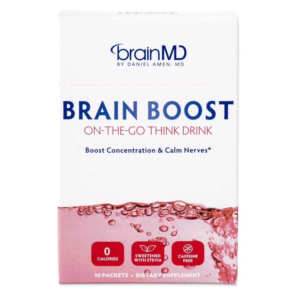 BrainMD Dr. Amen Brain Boost On The Go - 10 Pakker, Berry Flavor - Nootrop Drink Powder, Promoes Focus, Clarity & Mental Energy - Koffein Free, Gluten Free - 10 Serveringer