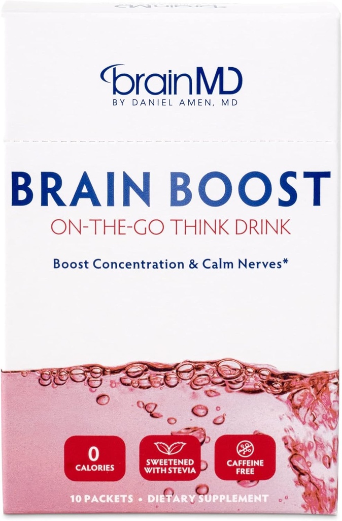 BrainMD Dr. Amen Brain Boost On The Go - 10 Pakker, Berry Flavor - Nootrop Drink Powder, Promoes Focus, Clarity & Mental Energy - Koffein Free, Gluten Free - 10 Serveringer