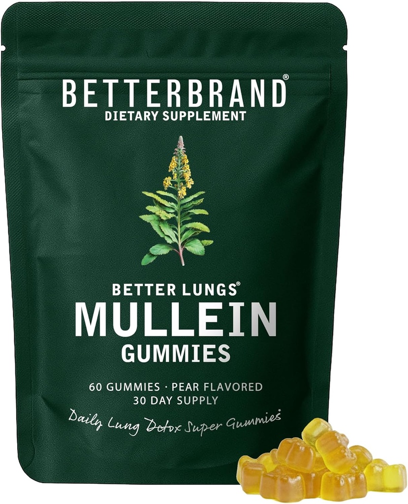 Betterbrand Mullein Gummies for Lungs - 1000mg Herbal supplement til Lung Detox & Respiratory Support - Pære Flavor Chewable Breatheasy Gummy - 30 dages forsyning