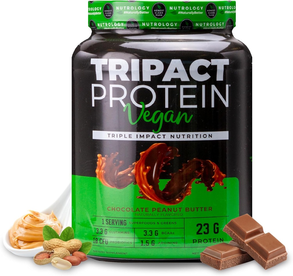 Nutrologi TRIPACT Vegan Protein Powder - Organic Pea, Rice & Pumpkin Protein, BCAA & Glutamin Plant- Based Meal Erstatning Shakes for Muscle Recovery & Immunity, Chokolade Peanut Butter, 20 Servering