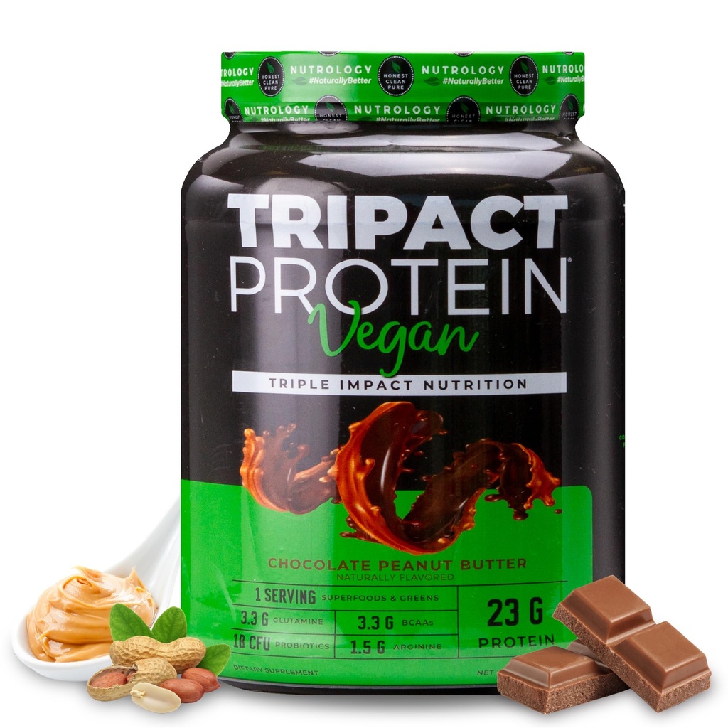 Nutrologi TRIPACT Vegan Protein Powder - Organic Pea, Rice & Pumpkin Protein, BCAA & Glutamin Plant- Based Meal Erstatning Shakes for Muscle Recovery & Immunity, Chokolade Peanut Butter, 20 Servering