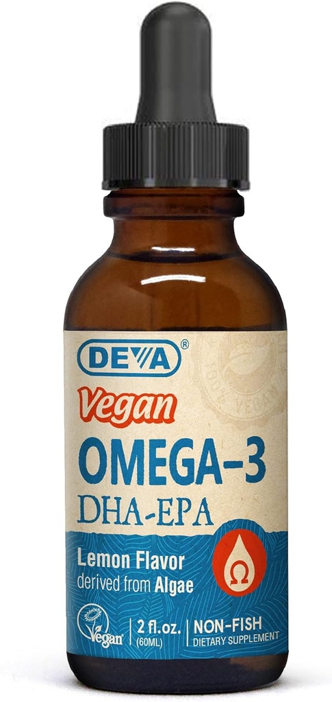 DEVA Vegan Omega-3 Liquid DHA - EPA, Non Fish from Algae, Lemon Flavor, 2 Ounce