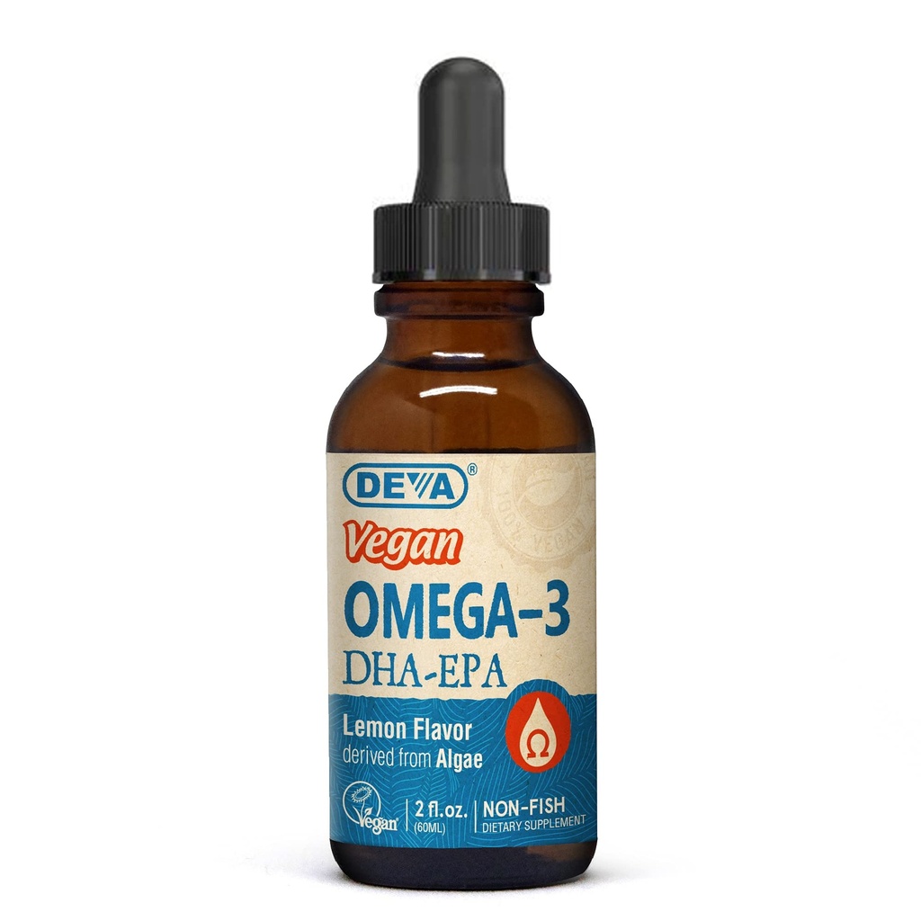 DEVA Vegan Omega-3 Liquid DHA - EPA, Non Fish from Algaes, Lemon Flavor, 2 Ounce
