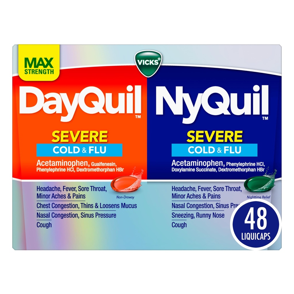 VICKS DayQuil & NyQuil SEVERE Co- Pack, Cold & Flu Medicine, Kraftfuld Relief for Hovedpine, Feber, Sore Throat, Minor Aches & Pains, Congestion, Sinus Pressure, Stuffy Næse, og Hough, 48 LiquiCaps