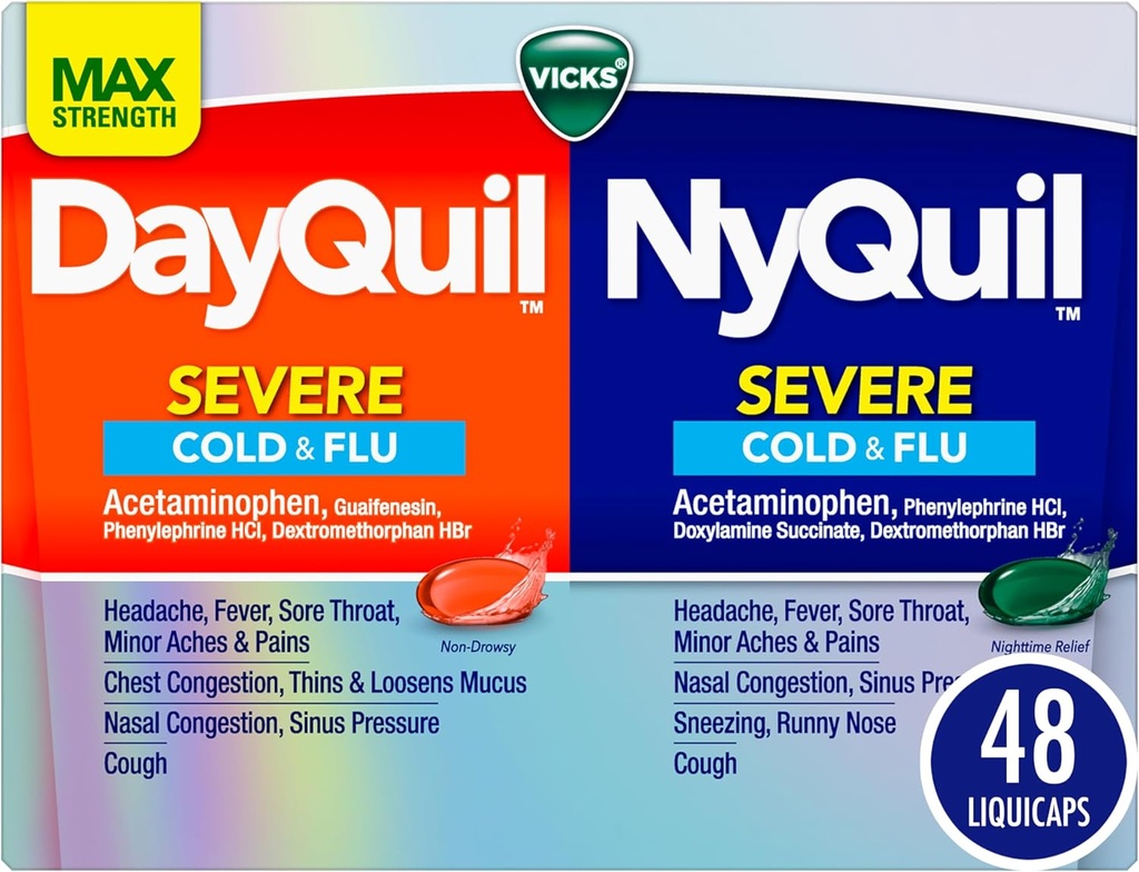 VICKS DayQuil & NyQuil SEVERE Co- Pack, Cold & Flu Medicine, Kraftfuld Relief for Hovedpine, Feber, Sore Throat, Minor Aches & Pains, Congestion, Sinus Pressure, Stuffy Næse, og Hough, 48 LiquiCaps