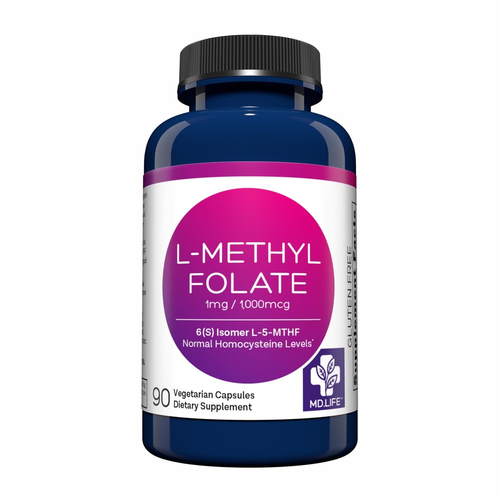 MD Life L- methylfolat 1 mg tillæg - Professionel - Grade Aktiv L methylfolat supplement - 90 kapsler - L- methylfolat 1mg - Maksimal potens MTHFR W / essentielle aminosyrer