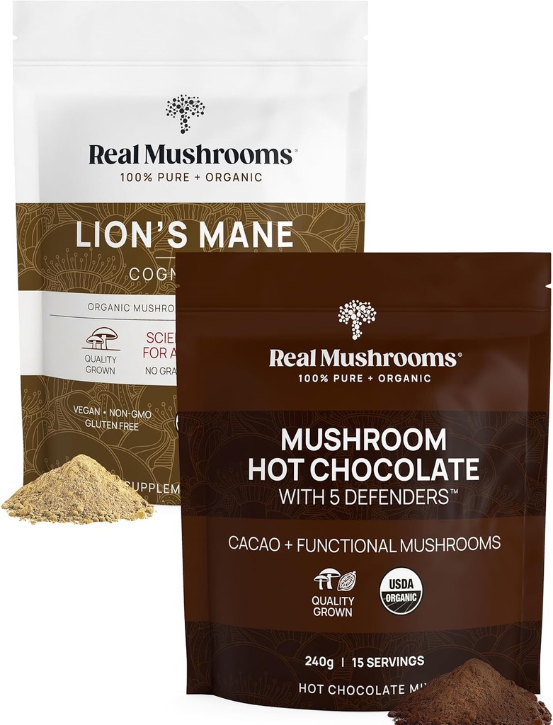 Real Mushrooms Hot Chocolate Mix (15 Servere) og Lion 's Mane (60 Servere) Powder Bundle - Mushroom Powder supplement til daglig Immunitet & Kognition support - Gluten- Free, Non- GMO, Vegan