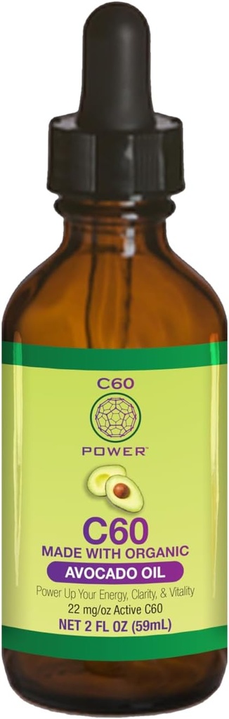 C60 Power C60 i Organic Avocado Oil - Natural Wellness Support for Mænd & Kvinder, 99,99% Pure Carbon Fullerenes, Promotions Energy, Mental Clarity, & Stamina - 2 fl oz Flaske