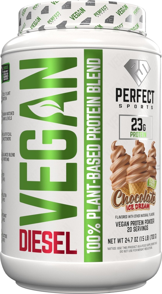PERFECT SPORTS Vegan Diesel 100% Plant Based Protein | Whole Food Blend | No Artificial Sweeteners, Lactose Free, Keto | 23g Protein | 1.5 Pounds (Chocolate Ice Dream)