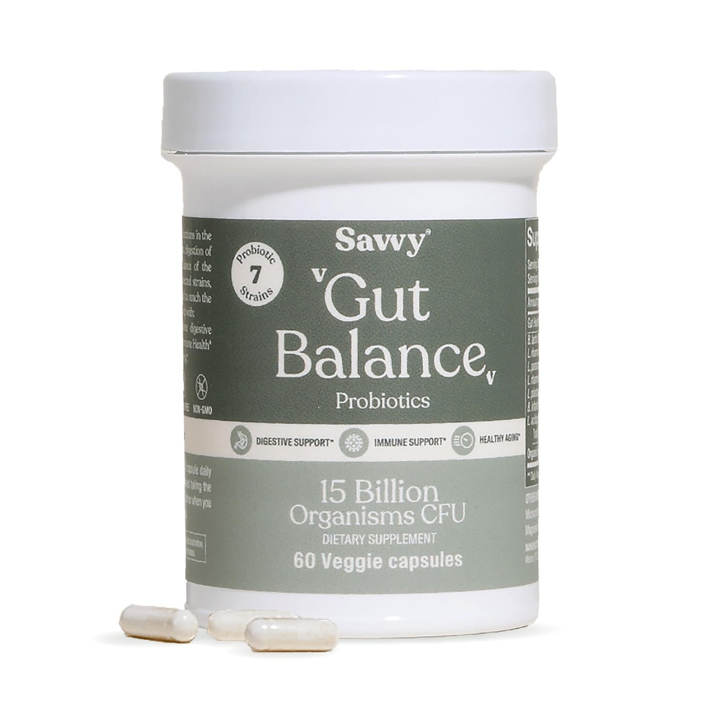 SAVVY Gut Balance Probiotics for Women & Men, 15 Billion CFU, 7 Clinically Studied Strains, Digestive Health, Immune Support, Bloating Relief, 60 Vegan Capsules, Non GMO, Sugar-Free