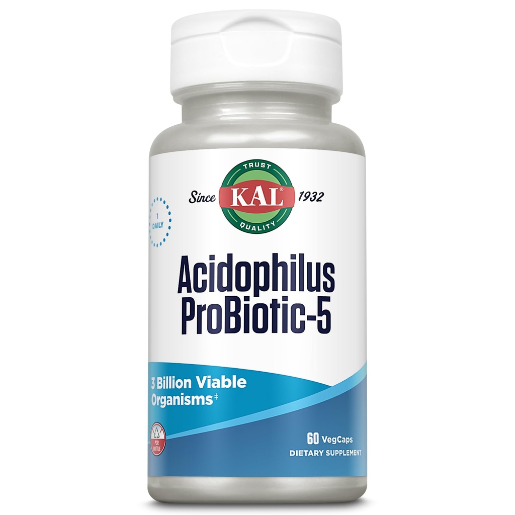KAL Acidophilus Tablets, Probiotic- 5 Kapsler, 3 Bil, 60 Tæl