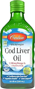 Carlson - Torsk Lever Oil, 1100 mg Omega- 3s, Plus Vitamin A og D3, Wild Fanget Norwegian Arctic Torsk Lever Oil, bæredygtigt syret Nordic Fish Oil Liquid, Green Apple, 250 ml (8.4 Fl Oz)