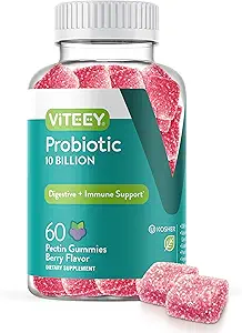 Viteey Probiotiske Gummies for Kvinder, Mænd, & Teens - Maksimum styrke 10 Millioner celler - Probiotika til fordøjelse, immunforsvar - Vegetarisk, Gelatine fri, GMO fri - Chewable Berry Flavored