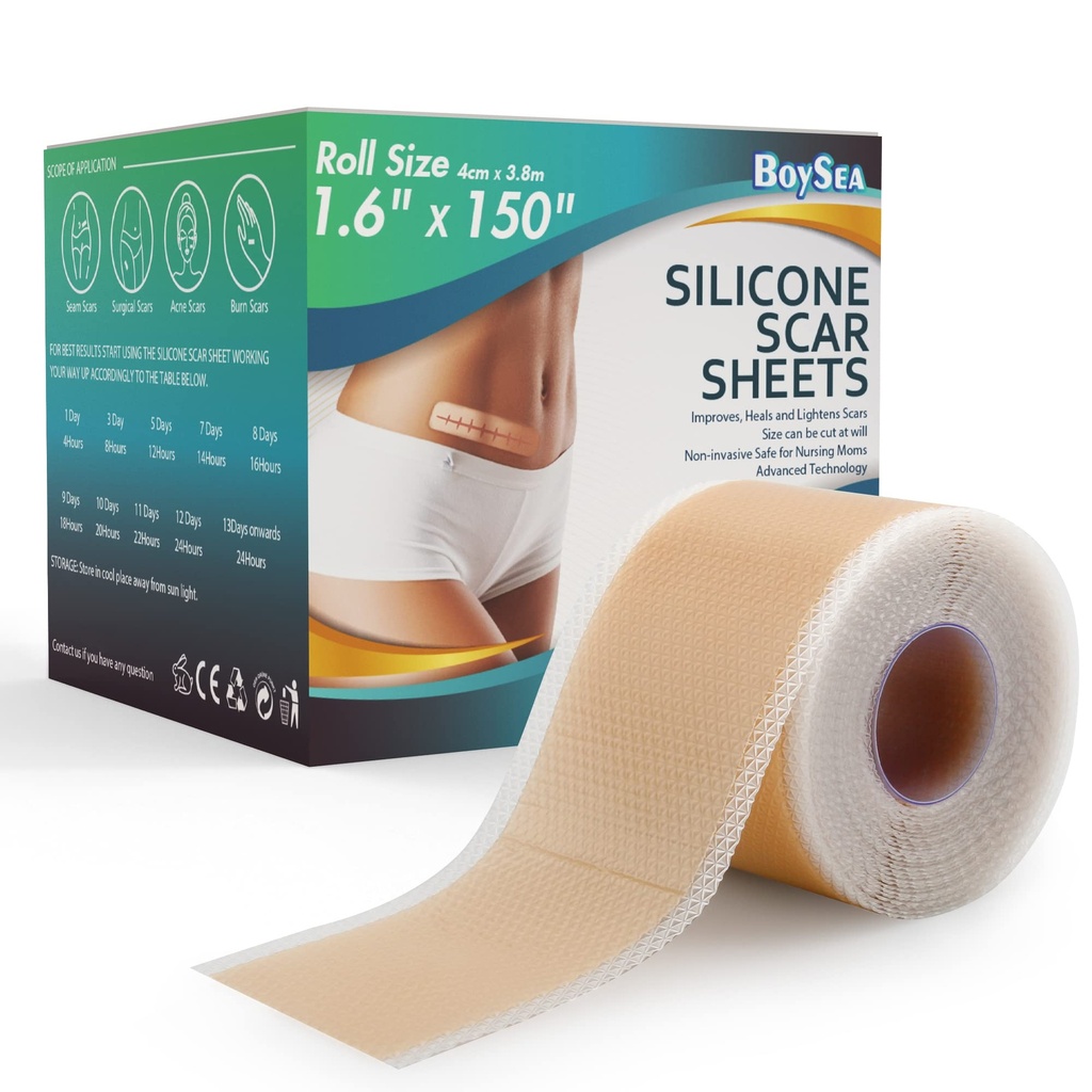 Professionelle Silicone Scar Sheets (1.6 "x 150" Scar Roll -3.8M) - Scars Removal Treatment - Genanvendelige Silicone Scar Tape Strips Type for Keloid, C- sektion, Kirurgi, Burn, Acne et